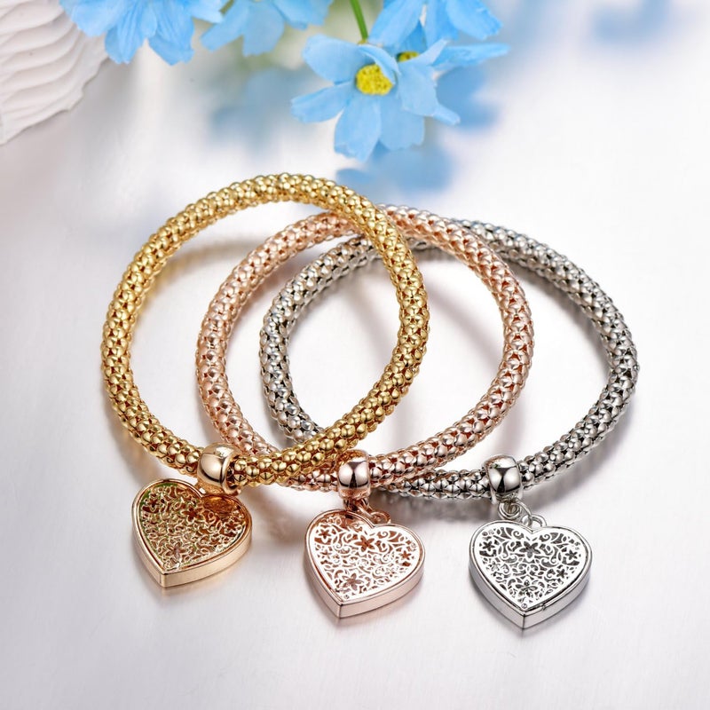 SILANER Crystal Charms Multilayer Bracelets - 3PCS Gold/Silver/Rose Gold Corn Chain Bracelet for Women, Tree of Life Heart Shaped Stretch Bracelet - Image 3
